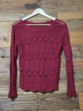 Burgundy Crochet Openwork Boho Romantic Sweater Top 100% Acrylic Size M